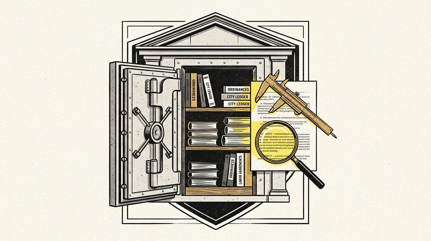 A secure municipal vault safeguarding local government contracts, ordinances, and records with citation verification