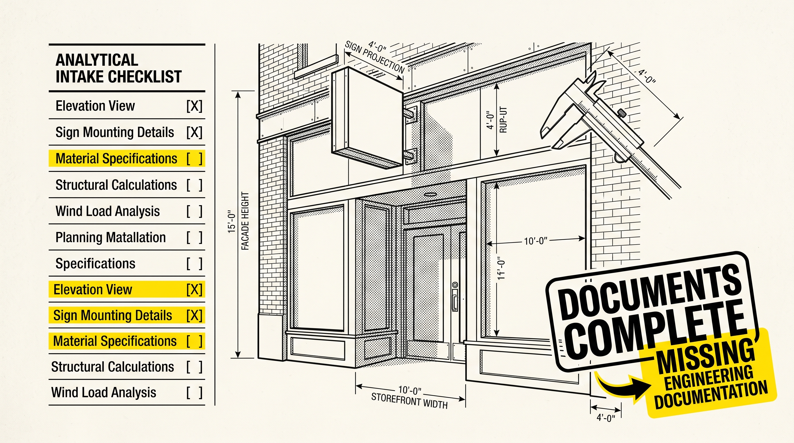 Commercial facade and signage intake checklist catching dimensional requirements and missing engineering documentation